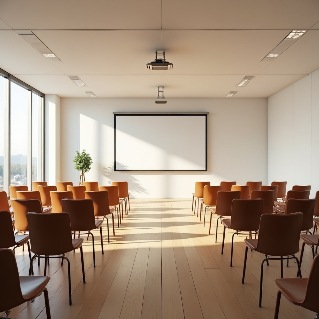 Prázdná moderní školicí místnost připravená na firemní workshop s promítacím plátnem