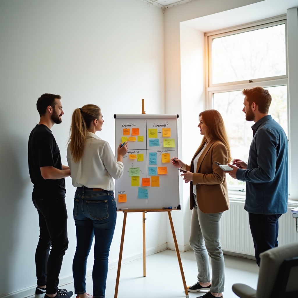 Skupina účastníků prezenčního workshopu pracuje s flipchartem v zasedací místnosti
