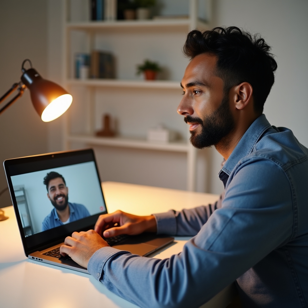 Účastník online školení komunikuje s lektorem přes videokonferenci na notebooku