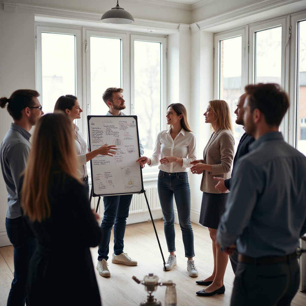 Tým zaměstnanců diskutuje u flipchartu během firemního workshopu o komunikaci