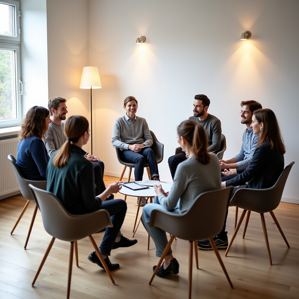 Skupina zaměstnanců diskutuje v kruhu během workshopu o firemní komunikaci